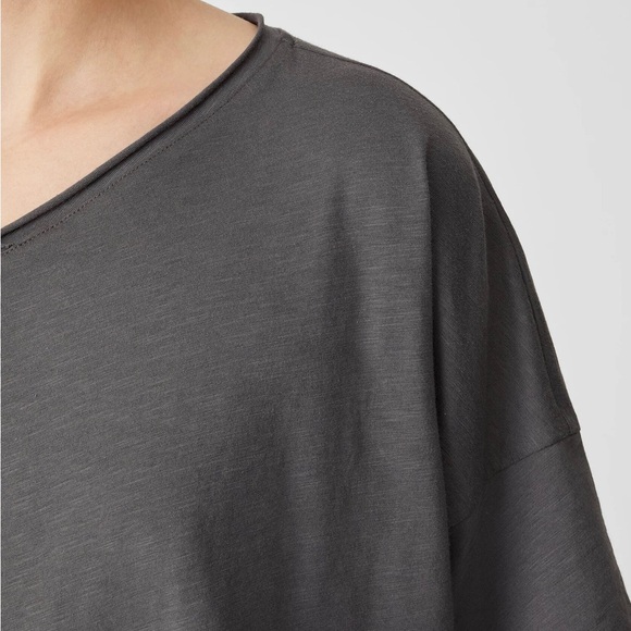 EILEEN FISHER L XL Slubby Organic Cotton V-Neck Sleep Tee in Ash • Lightweight - Picture 10 of 13